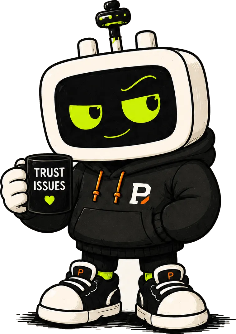 P-01, The Payload's mascot: a cream CRT-headed robot in a black Payload hoodie, holding a mug that reads Trust Issues.