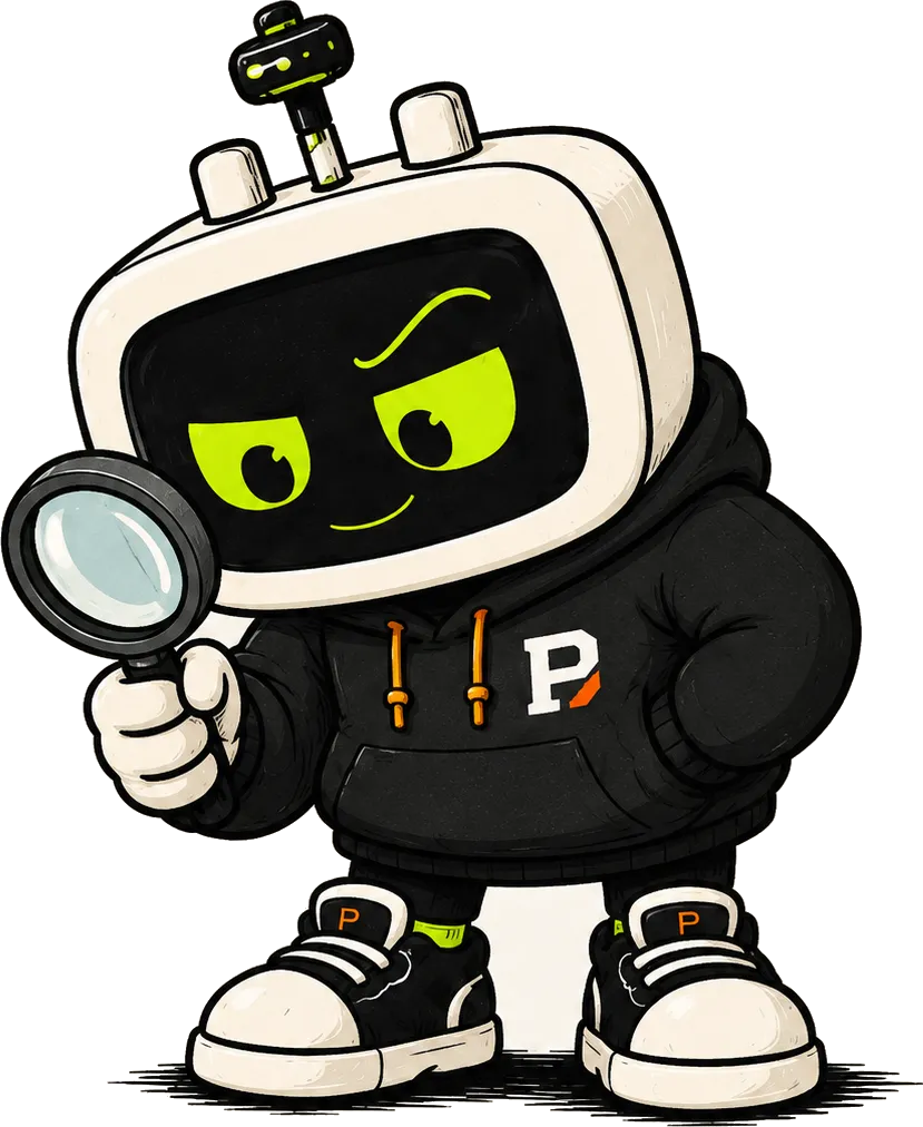 P-01, The Payload's mascot, inspecting something through a magnifying glass.